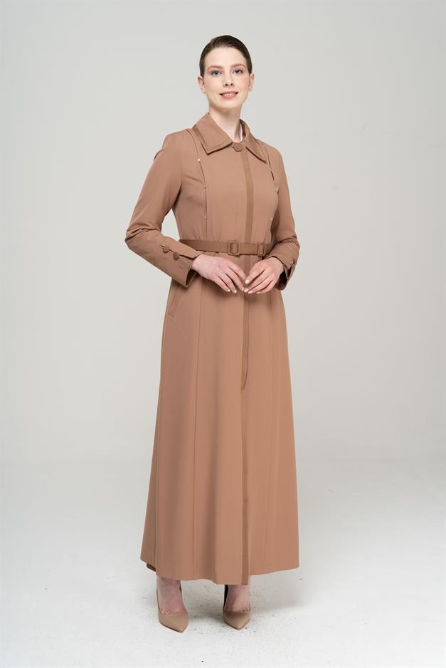Gömlek Yaka Saten ve Aksesuar Detaylı Astarlı Pardesü KAMEL 6562