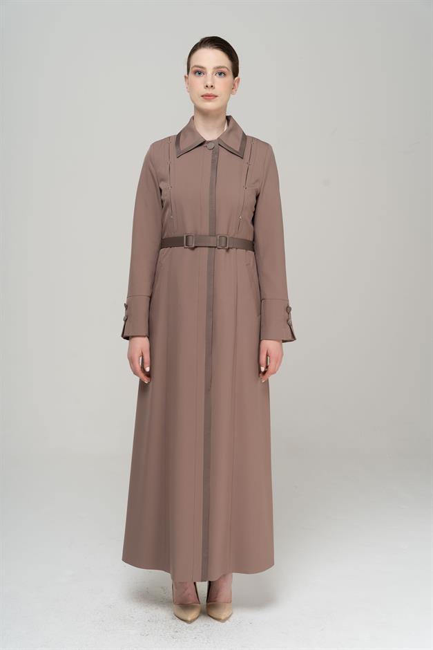 Gömlek Yaka Saten ve Aksesuar Detaylı Astarlı Pardesü VİZON 6562