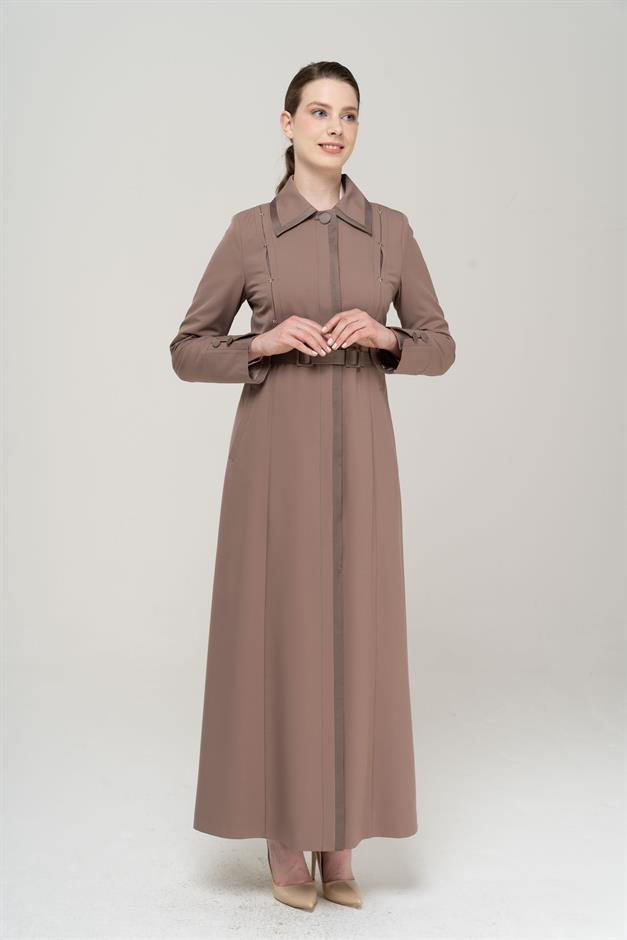 Gömlek Yaka Saten ve Aksesuar Detaylı Astarlı Pardesü VİZON 6562