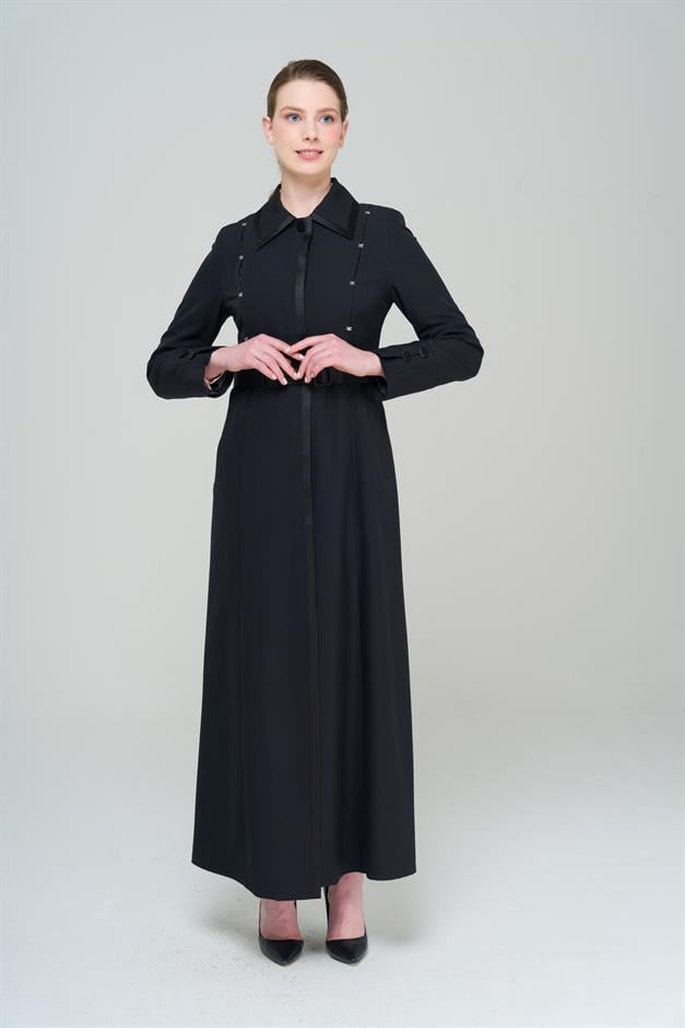 Gömlek Yaka Saten ve Aksesuar Detaylı Astarlı Pardesü SİYAH 6562