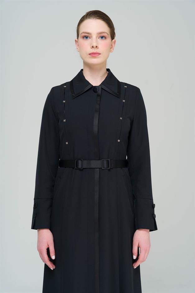 Gömlek Yaka Saten ve Aksesuar Detaylı Astarlı Pardesü SİYAH 6562