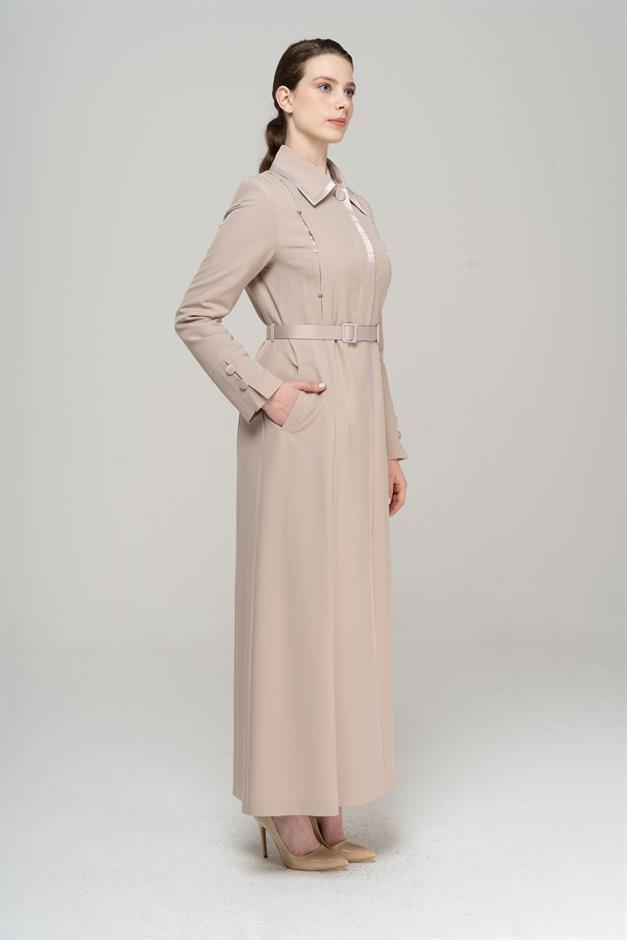 Gömlek Yaka Saten ve Aksesuar Detaylı Astarlı Pardesü BEJ 6562