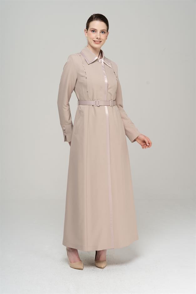 Gömlek Yaka Saten ve Aksesuar Detaylı Astarlı Pardesü BEJ 6562