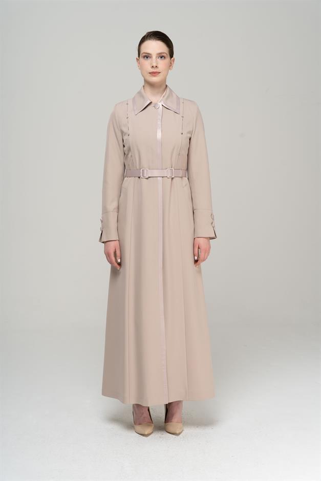 Gömlek Yaka Saten ve Aksesuar Detaylı Astarlı Pardesü BEJ 6562