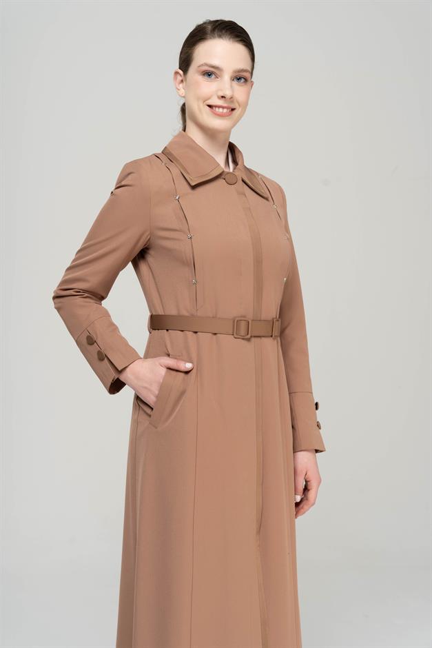 Gömlek Yaka Saten ve Aksesuar Detaylı Astarlı Pardesü KAMEL 6562