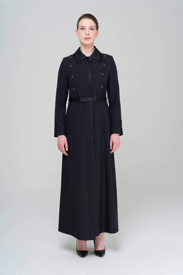 Gömlek Yaka Saten ve Aksesuar Detaylı Astarlı Pardesü SİYAH 6562