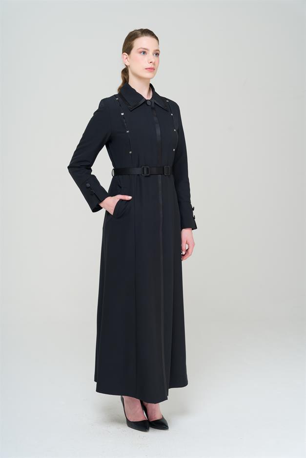 Gömlek Yaka Saten ve Aksesuar Detaylı Astarlı Pardesü SİYAH 6562