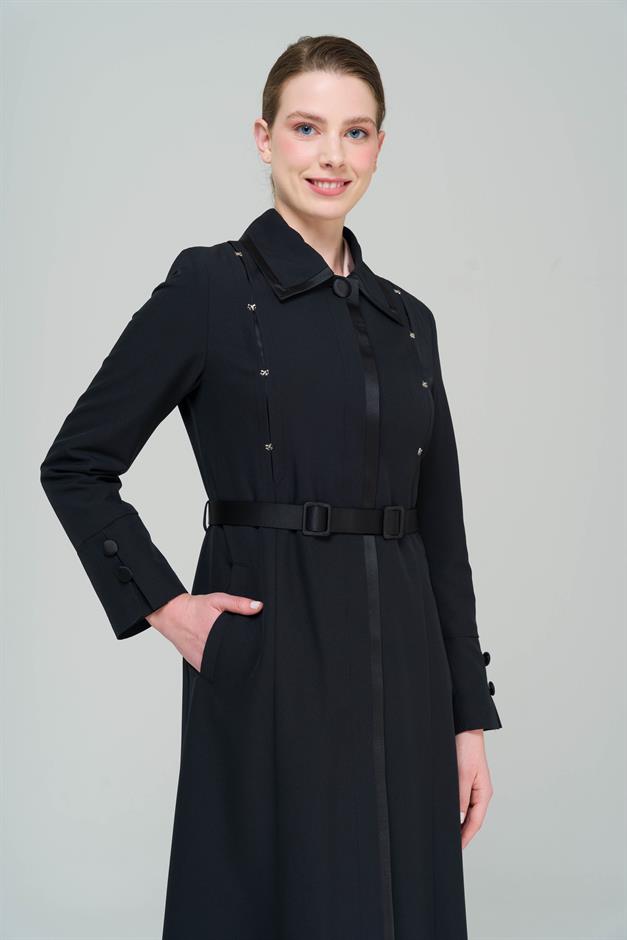 Gömlek Yaka Saten ve Aksesuar Detaylı Astarlı Pardesü SİYAH 6562