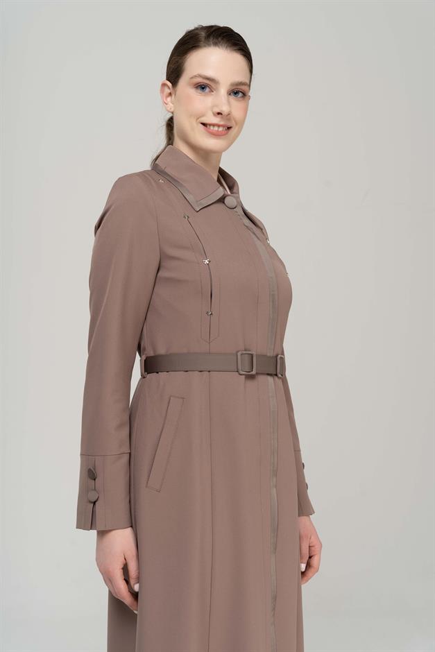 Gömlek Yaka Saten ve Aksesuar Detaylı Astarlı Pardesü VİZON 6562