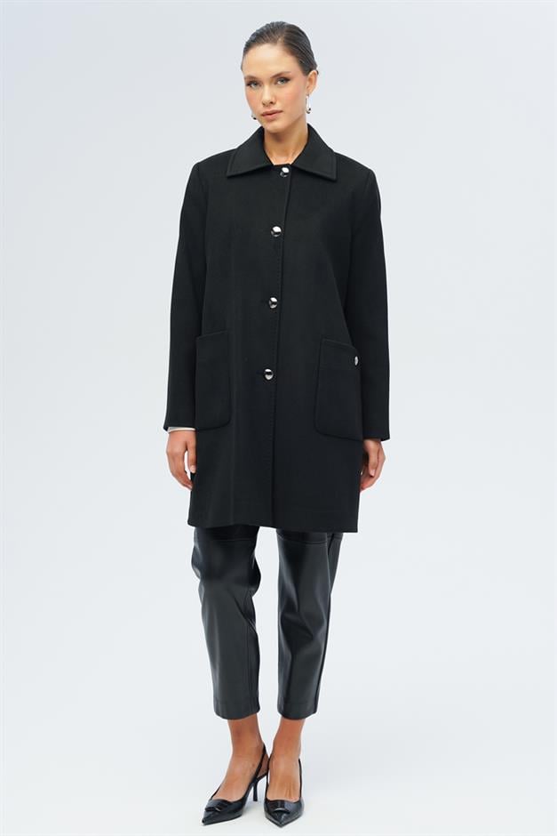 معطف بمقاس كبير مع ياقة قميص وجيب جانبي أسود 3132