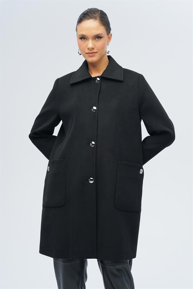 معطف بمقاس كبير مع ياقة قميص وجيب جانبي أسود 3132
