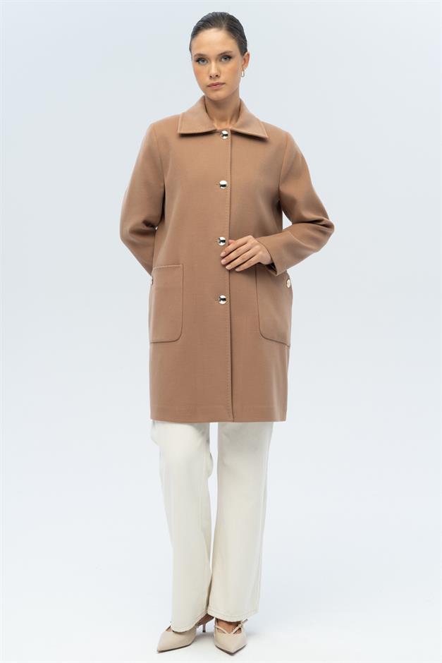 معطف بمقاس كبير مع ياقة قميص وجيب جانبي كامل 3132