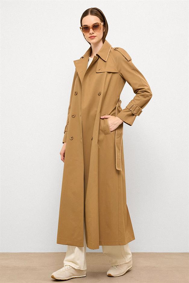 Long Trench Coat with Grosgrain Detail and Water Repellent Feature CAMEL 6778