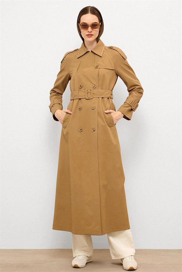 Long Trench Coat with Grosgrain Detail and Water Repellent Feature CAMEL 6778