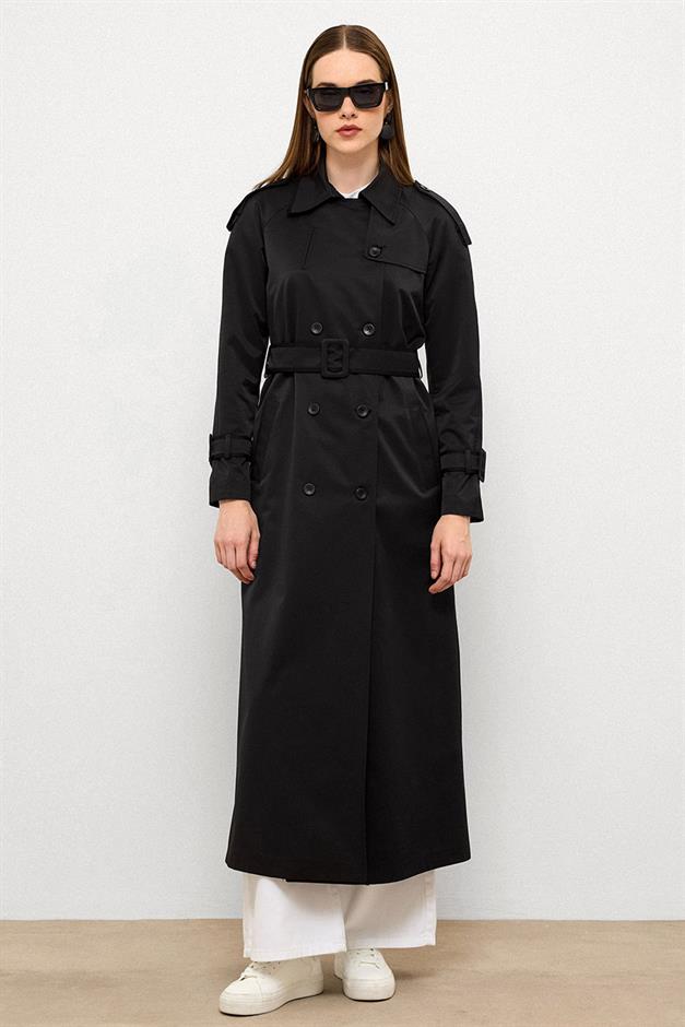 Long Trench Coat with Grosgrain Detail and Water Repellent Feature BLACK 6778