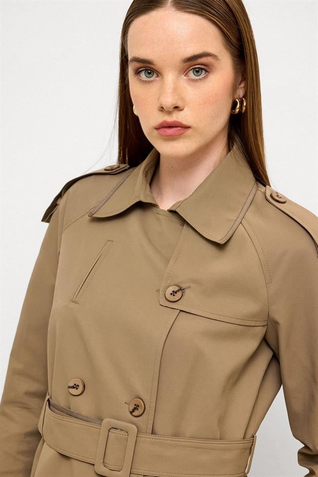 Long Trench Coat with Grosgrain Detail and Water Repellent Feature VIZON 6778
