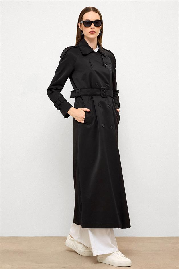 Long Trench Coat with Grosgrain Detail and Water Repellent Feature BLACK 6778