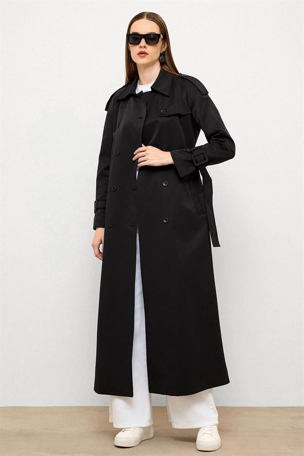 Long Trench Coat with Grosgrain Detail and Water Repellent Feature BLACK 6778