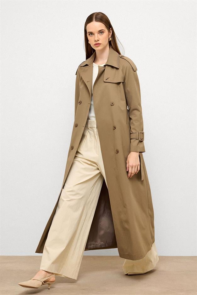 Long Trench Coat with Grosgrain Detail and Water Repellent Feature VIZON 6778