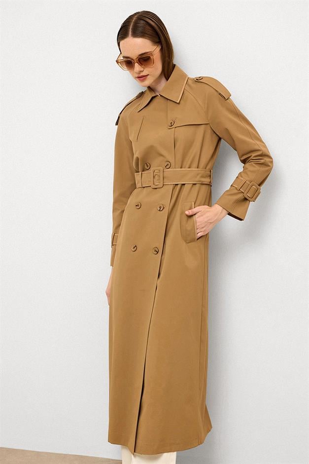 Long Trench Coat with Grosgrain Detail and Water Repellent Feature CAMEL 6778