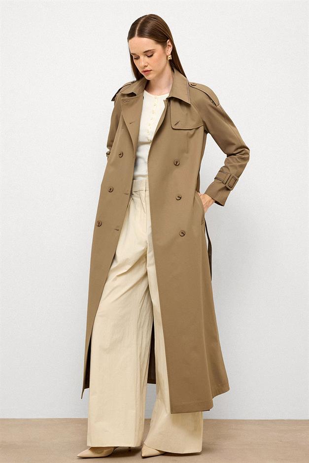 Long Trench Coat with Grosgrain Detail and Water Repellent Feature VIZON 6778