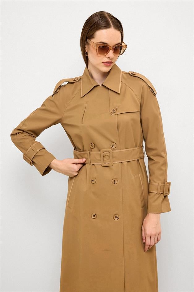 Long Trench Coat with Grosgrain Detail and Water Repellent Feature CAMEL 6778