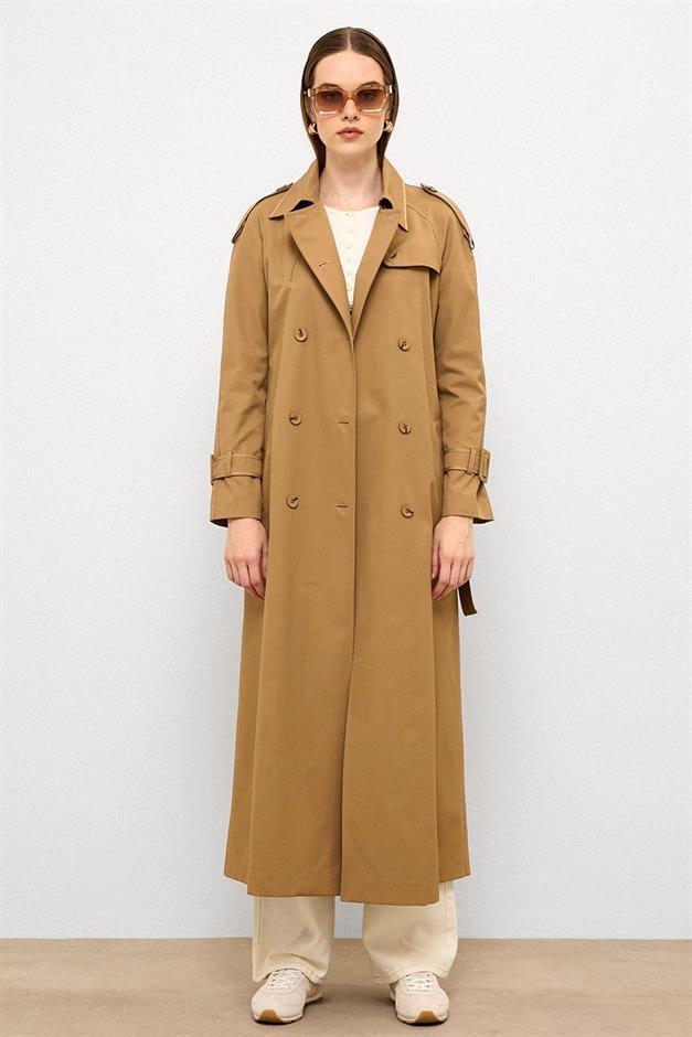 Long Trench Coat with Grosgrain Detail and Water Repellent Feature CAMEL 6778