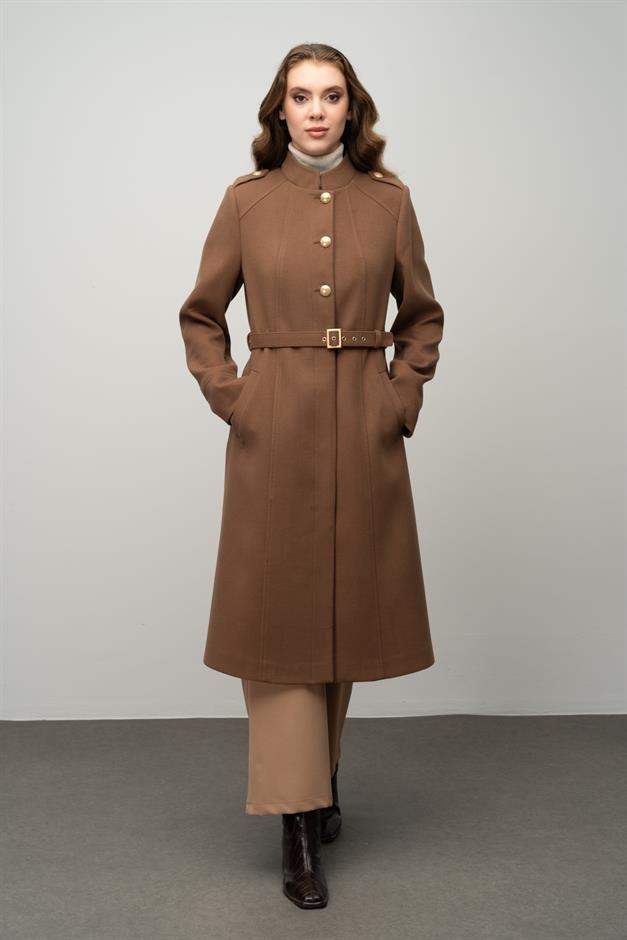 معطف على شكل حرف A مع ياقة القاضي وتفاصيل الكتف التبغ 3048