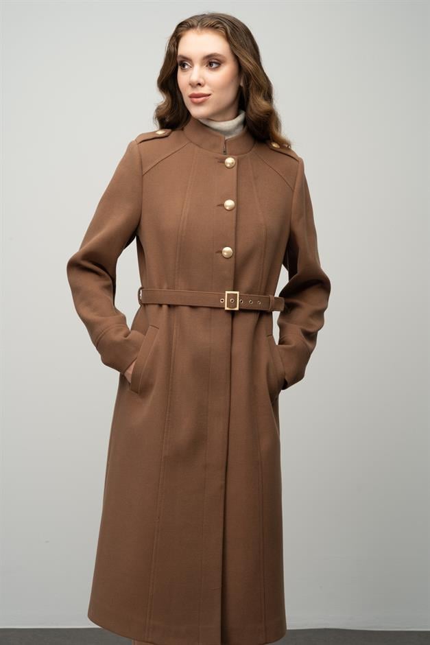 معطف على شكل حرف A مع ياقة القاضي وتفاصيل الكتف التبغ 3048