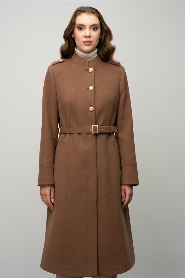 معطف على شكل حرف A مع ياقة القاضي وتفاصيل الكتف التبغ 3048