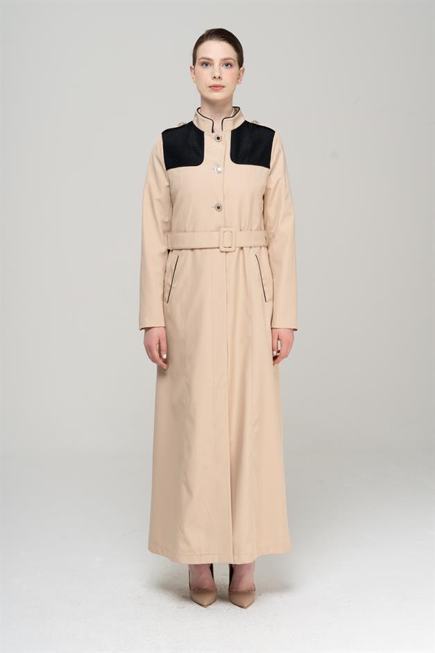 Long Trench Coat with a Grandad Collar, Epaulettes and Mesh Details and Lining IVORY 4294