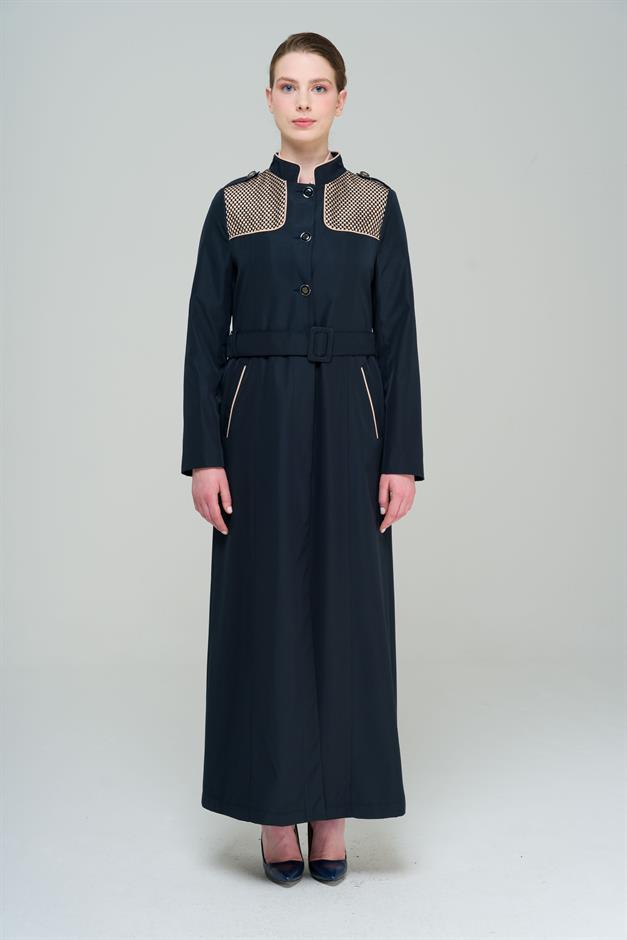 Long Trench Coat with a Grandad Collar, Epaulettes and Mesh Details and Lining NAVY 4294