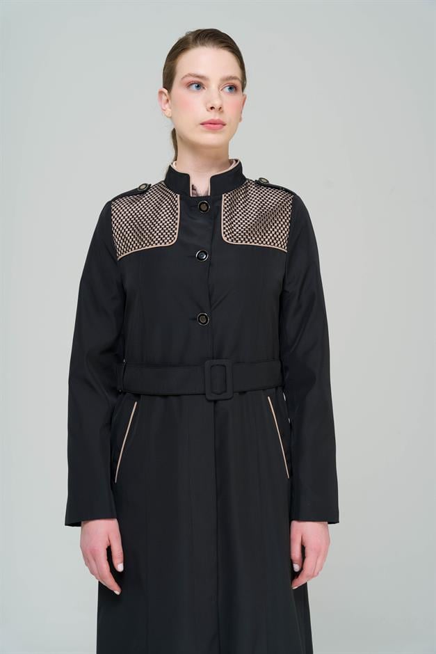 Long Trench Coat with a Grandad Collar, Epaulettes and Mesh Details and Lining BLACK 4294