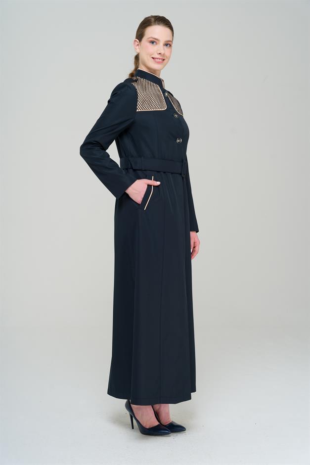 Long Trench Coat with a Grandad Collar, Epaulettes and Mesh Details and Lining NAVY 4294