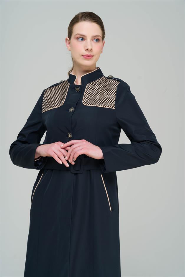 Long Trench Coat with a Grandad Collar, Epaulettes and Mesh Details and Lining NAVY 4294