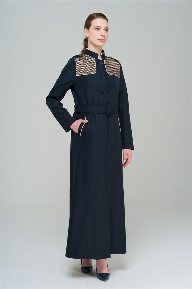 Long Trench Coat with a Grandad Collar, Epaulettes and Mesh Details and Lining NAVY 4294