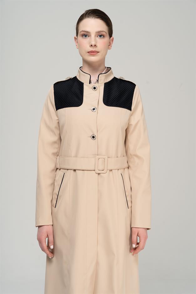 Long Trench Coat with a Grandad Collar, Epaulettes and Mesh Details and Lining IVORY 4294