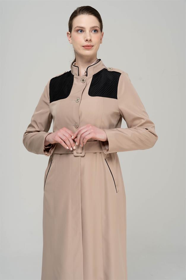 Long Trench Coat with a Grandad Collar, Epaulettes and Mesh Details and Lining VIZON 4294