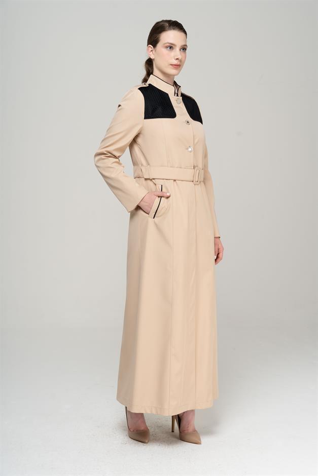 Long Trench Coat with a Grandad Collar, Epaulettes and Mesh Details and Lining IVORY 4294