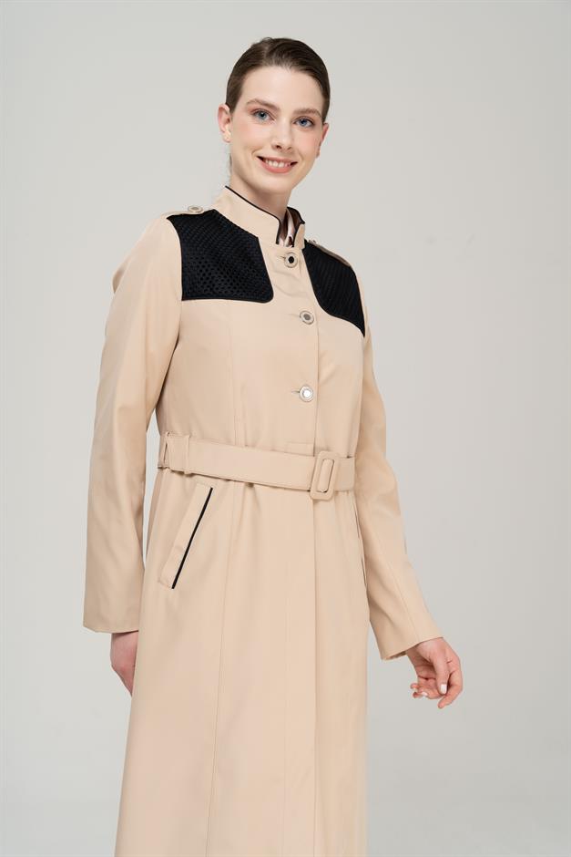 Long Trench Coat with a Grandad Collar, Epaulettes and Mesh Details and Lining IVORY 4294