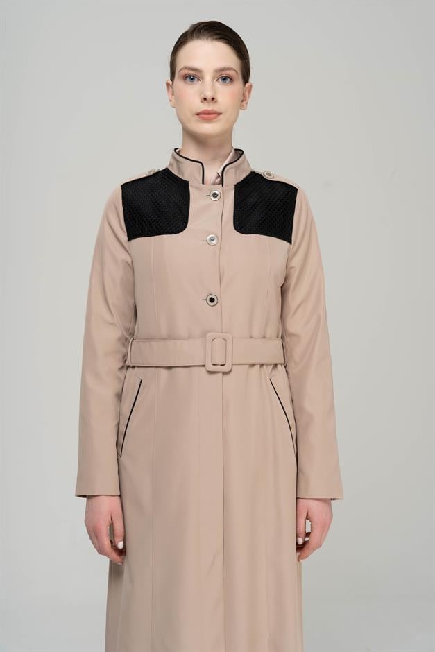 Long Trench Coat with a Grandad Collar, Epaulettes and Mesh Details and Lining VIZON 4294