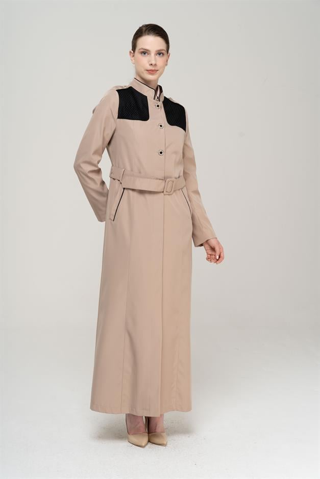 Long Trench Coat with a Grandad Collar, Epaulettes and Mesh Details and Lining VIZON 4294