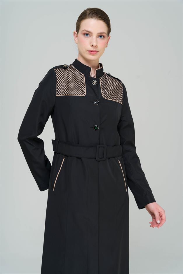 Long Trench Coat with a Grandad Collar, Epaulettes and Mesh Details and Lining BLACK 4294