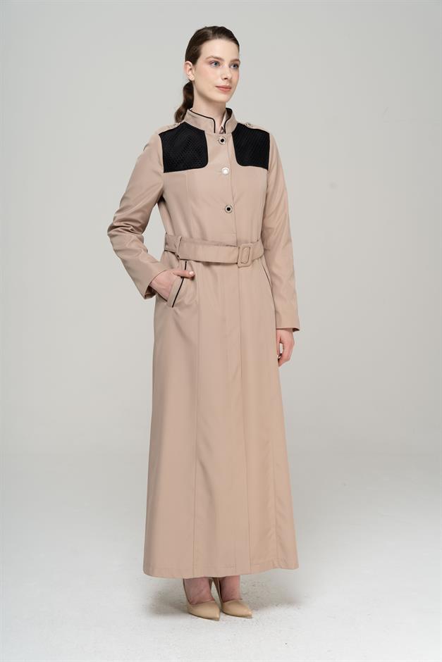 Long Trench Coat with a Grandad Collar, Epaulettes and Mesh Details and Lining VIZON 4294