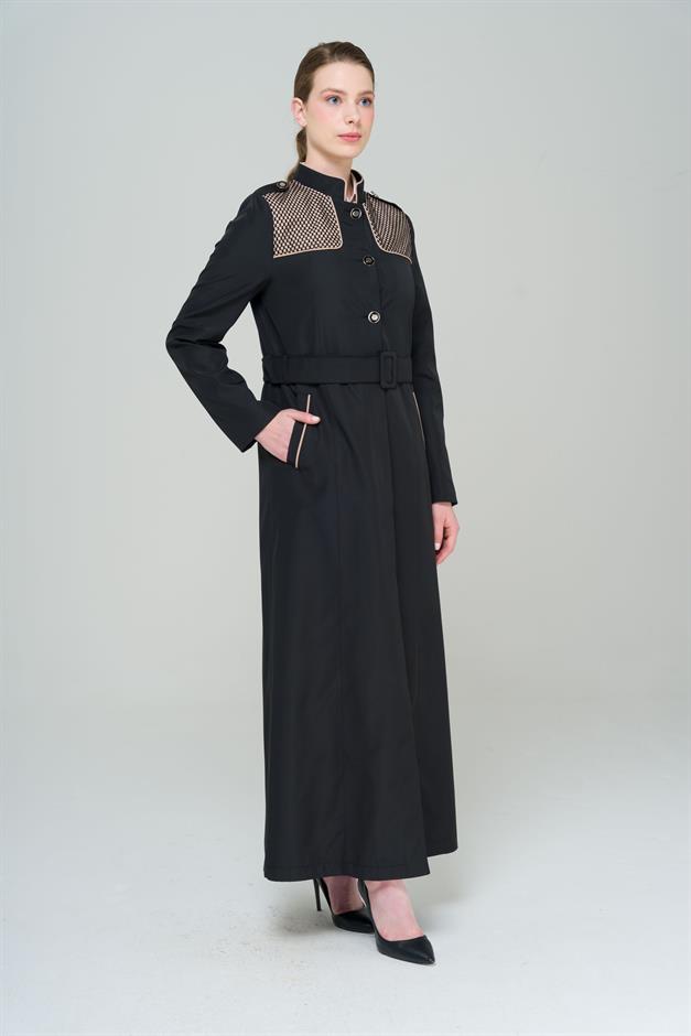 Long Trench Coat with a Grandad Collar, Epaulettes and Mesh Details and Lining BLACK 4294