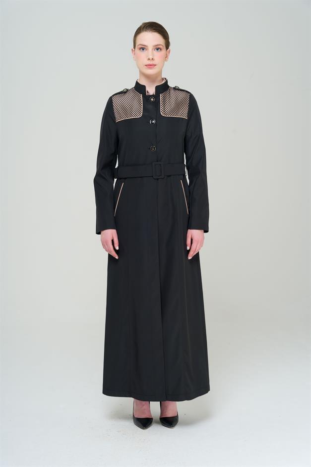 Long Trench Coat with a Grandad Collar, Epaulettes and Mesh Details and Lining BLACK 4294