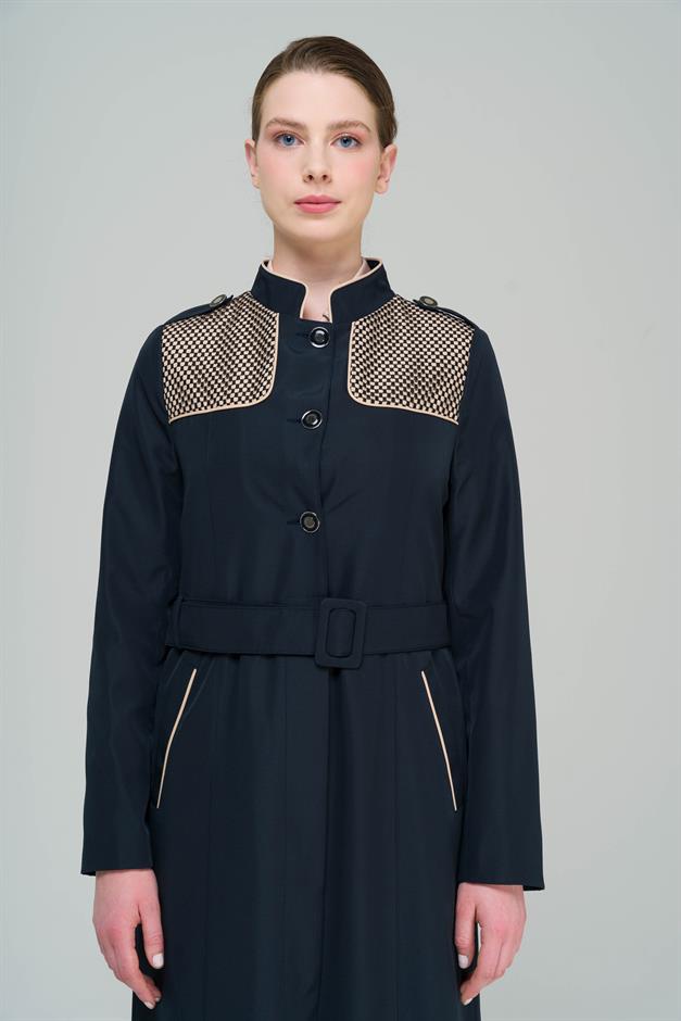 Long Trench Coat with a Grandad Collar, Epaulettes and Mesh Details and Lining NAVY 4294