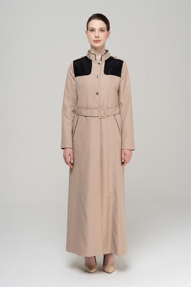 Long Trench Coat with a Grandad Collar, Epaulettes and Mesh Details and Lining VIZON 4294