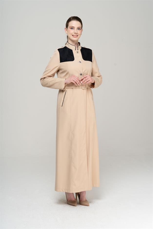 Long Trench Coat with a Grandad Collar, Epaulettes and Mesh Details and Lining IVORY 4294