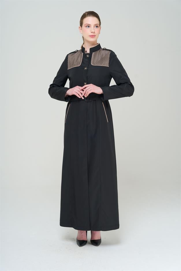 Long Trench Coat with a Grandad Collar, Epaulettes and Mesh Details and Lining BLACK 4294